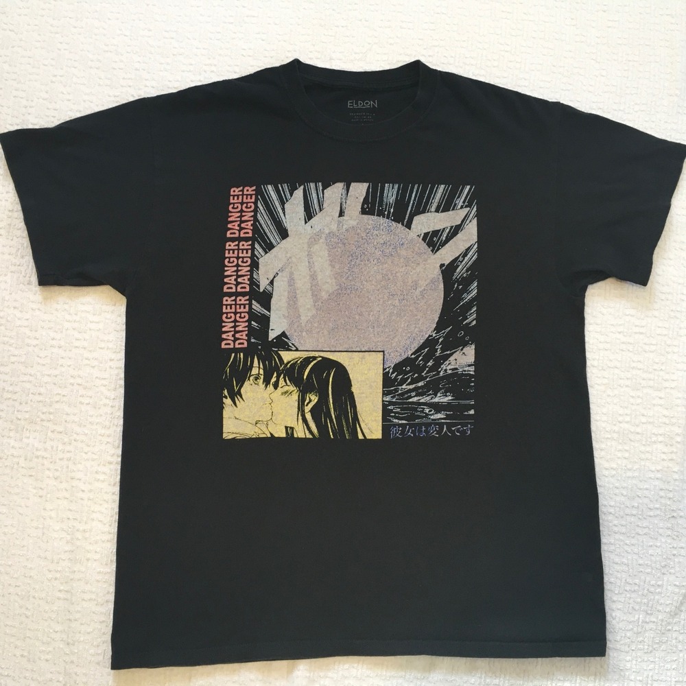 ELDON‎ Black Graphic T Shirt Anime Manga Print Danger Danger Men's Large